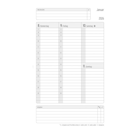 Abbildung Kalendarium, Artikel: 50456, Buchkalender Wochenplan, Origins Edition A5, 2026, Petrol, 135 x 210 x 10 mm, Inhalt: 64 Blätter / 1 Stück
