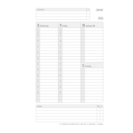 Abbildung Kalendarium, Artikel: 50486, Buchkalender Wochenplan, Origins Edition A5, 2026, Deep Ocean Blue, 135 x 210 x 10 mm, Inhalt: 64 Blätter / 1 Stück