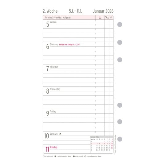 Abbildung Kalendarium, Artikel: 50556, Wochenplan, Midi, 2026, Weiß, 96 x 172 mm, Inhalt: 35 Blätter / 1 Stück