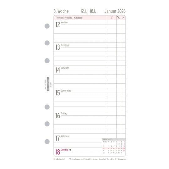 Abbildung Kalendarium, Artikel: 50556, Wochenplan, Midi, 2026, Weiß, 96 x 172 mm, Inhalt: 35 Blätter / 1 Stück