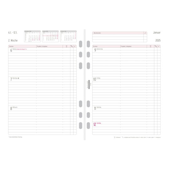 Abbildung Kalendarium, Artikel: 50575, Wochenplan,  A5, 2025, Weiß, 148 x 210 mm, Inhalt: 63 Blätter / 1 Stück