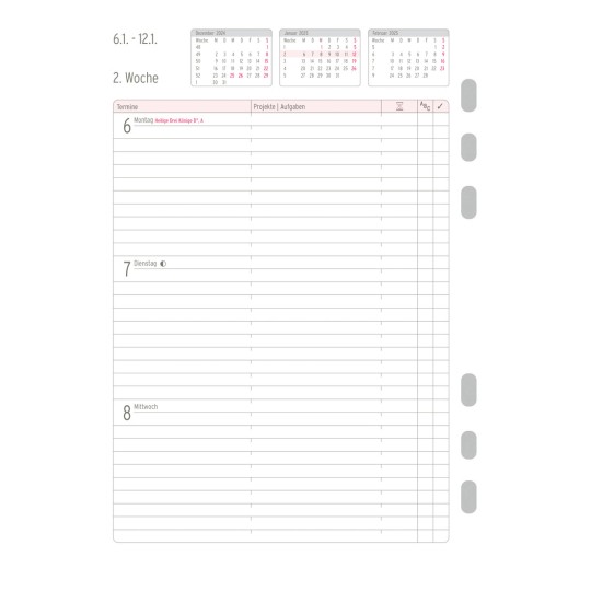 Abbildung Kalendarium, Artikel: 50575, Wochenplan, A5, 2025, Weiß, 148 x 210 mm, Inhalt: 63 Blätter / 1 Stück