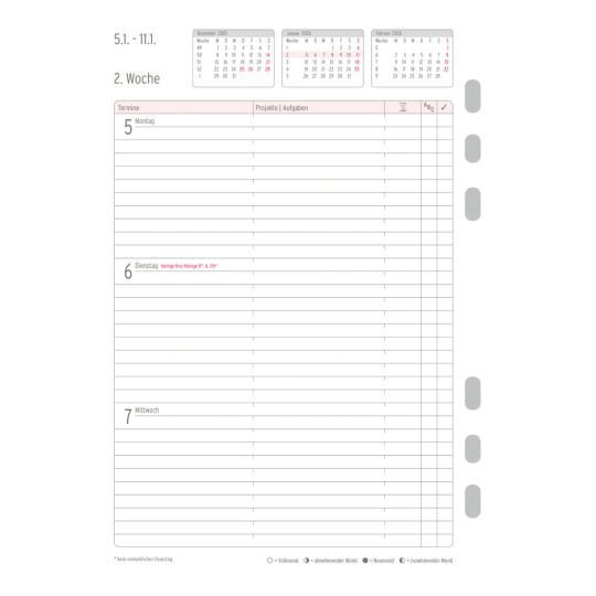 Abbildung Kalendarium, Artikel: 50576, Wochenplan, A5, 2026, Weiß, 148 x 210 mm, Inhalt: 63 Blätter / 1 Stück