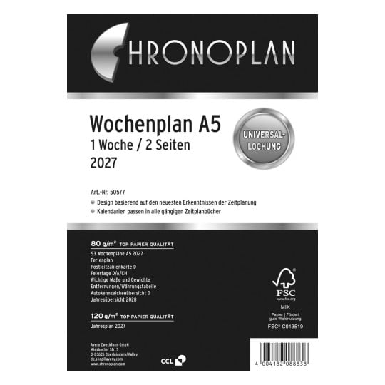 Produktabbildung: Chronoplan A5, Artikel: 50577, Format: 148 x 210 mm, Inhalt: 63 Blätter / 1 Stück