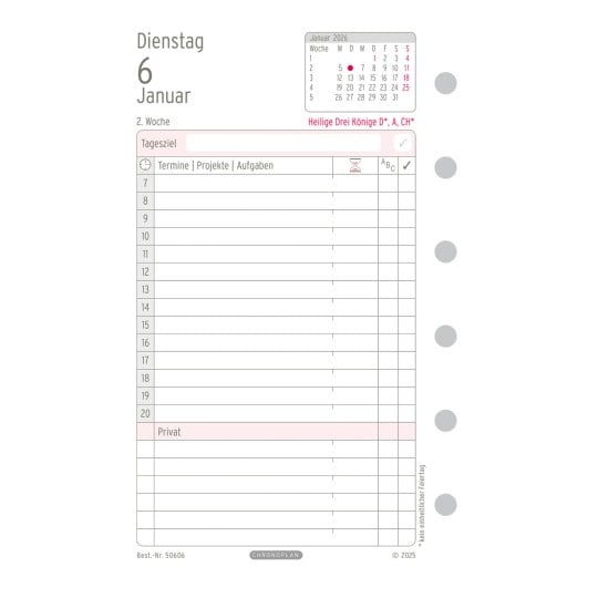 Abbildung Kalendarium, Artikel: 50606, Tagesplan, Mini, 2026, Weiß, 79 x 125 mm, Inhalt: 191 Blätter / 1 Stück