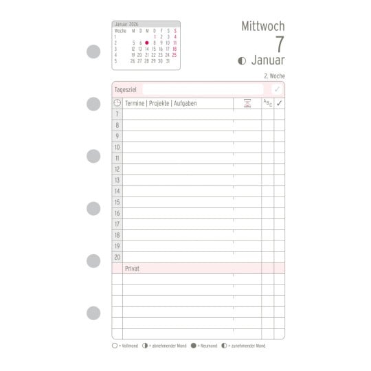 Abbildung Kalendarium, Artikel: 50606, Tagesplan, Mini, 2026, Weiß, 79 x 125 mm, Inhalt: 191 Blätter / 1 Stück