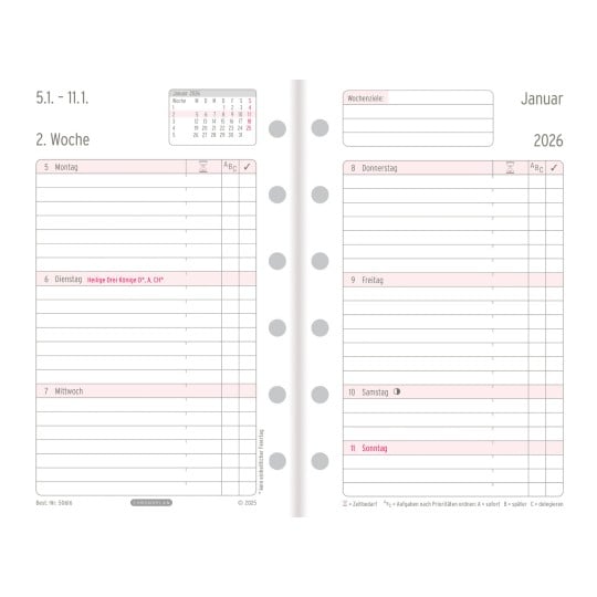 Abbildung Kalendarium, Artikel: 50616, Wochenplan,  Mini, 2026, Weiß, 79 x 125 mm