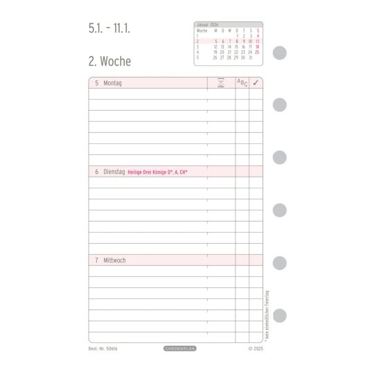 Abbildung Kalendarium, Artikel: 50616, Wochenplan, Mini, 2026, Weiß, 79 x 125 mm, Inhalt: 59 Blätter / 1 Stück