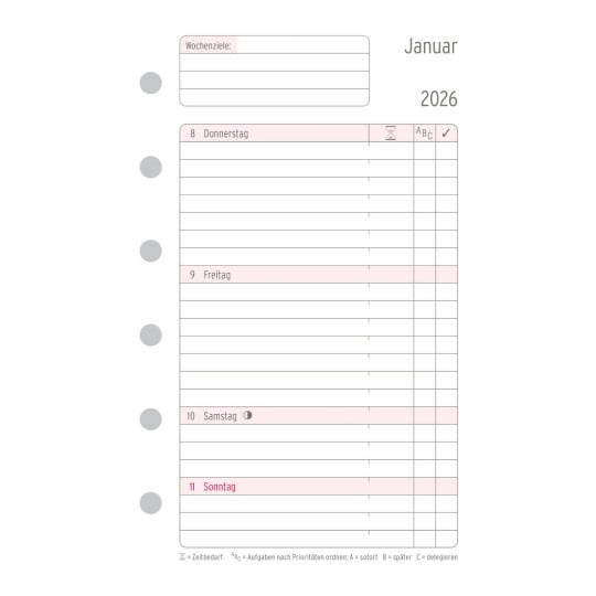 Abbildung Kalendarium, Artikel: 50616, Wochenplan, Mini, 2026, Weiß, 79 x 125 mm, Inhalt: 59 Blätter / 1 Stück