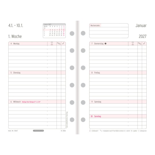 Abbildung Kalendarium, Artikel: 50617, Wochenplan, Mini, 2027, 79 x 125 mm, Inhalt: 59 Blätter / 1 Stück