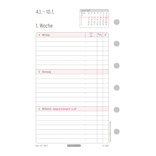 Abbildung Kalendarium, Artikel: 50617, Wochenplan, Mini, 2027, 79 x 125 mm, Inhalt: 59 Blätter / 1 Stück