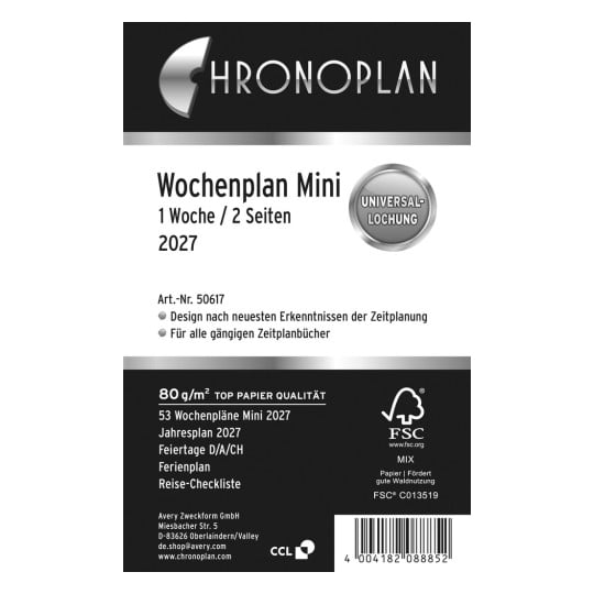 Produktabbildung: Chronoplan Mini, Artikel: 50617, Format: 79 x 125 mm, Inhalt: 59 Blätter / 1 Stück