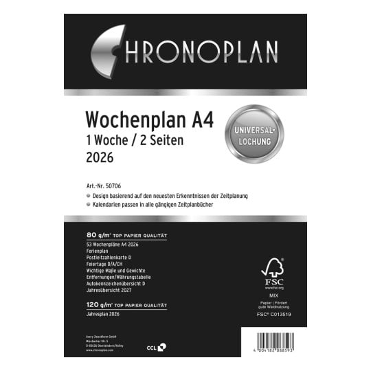 Produktabbildung: Chronoplan A4, Artikel: 50706, Format: 210 x 297 mm, Inhalt: 62 Blätter / 1 Stück, /Bogen