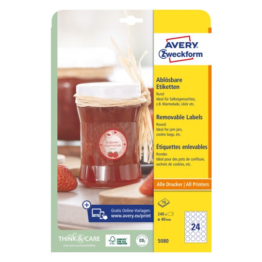 Packungsabbildung: Avery Zweckform Runde Etiketten, Artikel:  5080, Format: ⌀ 40 mm, Druckereignung: Inkjet,Laser s/w,Farblaser, Inhalt: 240 Etiketten / 10 Bögen, 24 Etiketten/Bogen