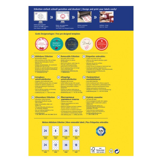 Das Bild ist eine Werbung für Avery-Etiketten, die verschiedene Arten von ablösbaren und haftenden Etiketten sowie Designvorlagen zeigt. Es enthält Anleitungen zum einfachen Gestalten und Drucken von Etiketten, zusammen mit Kontaktinformationen für den Kundenservice und einer Liste der Etikettengrößen.