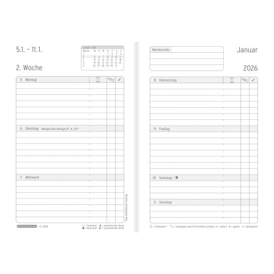 Abbildung Kalendarium, Artikel: 50826, Wochenplan,  Business Edition Mini, 2026, Schwarz, 95 x 145 x 10 mm, Inhalt: 64 Blätter / 1 Stück