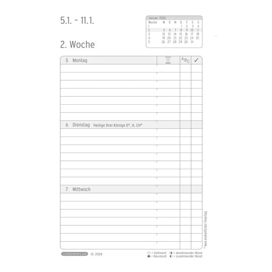 Abbildung Kalendarium, Artikel: 50826, Wochenplan, Business Edition Mini, 2026, Schwarz, 95 x 145 x 10 mm, Inhalt: 64 Blätter / 1 Stück
