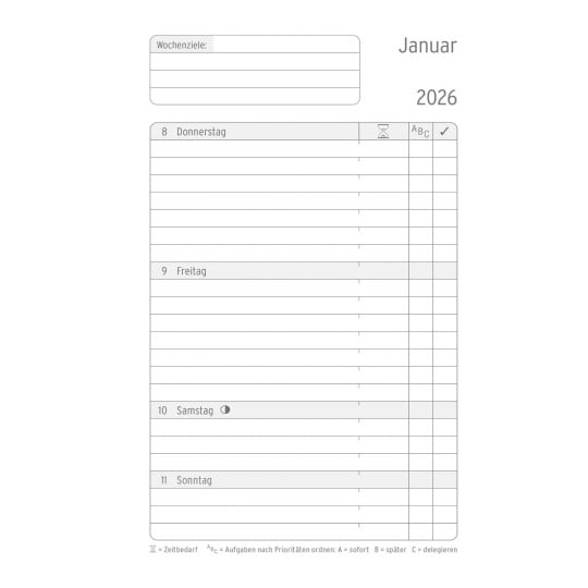 Abbildung Kalendarium, Artikel: 50826, Wochenplan, Business Edition Mini, 2026, Schwarz, 95 x 145 x 10 mm, Inhalt: 64 Blätter / 1 Stück