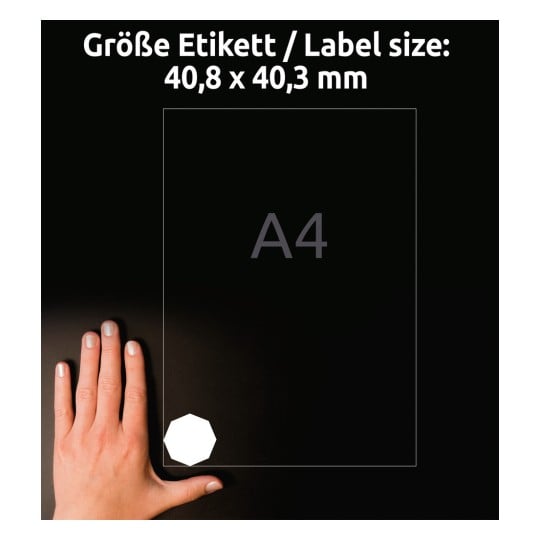 Größenvergleich mit Hand, Artikel: 5082, ein Bogen Achteckige Etiketten, ablösbar, Format: 40,8 x 40,3 mm, Farbe: Weiß