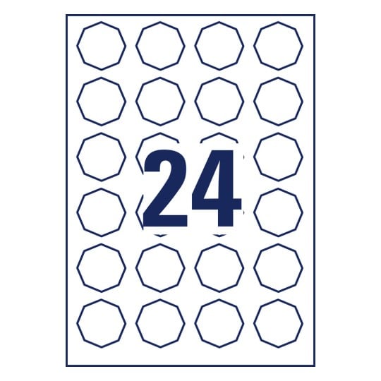 Stanzzeichnung Einzelbogen A4, Artikel: 5082, Achteckige Etiketten, ablösbar, Format: 40,8 x 40,3 mm, 24 Etiketten/Bogen