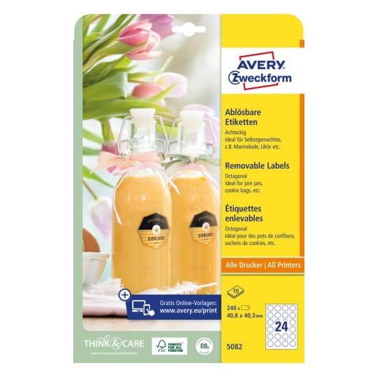 Packungsabbildung: Avery Zweckform Achteckige Etiketten, Artikel:  5082, Format: 40,8 x 40,3 mm, Druckereignung: Inkjet,Laser s/w,Farblaser, Inhalt: 240 Etiketten / 10 Bögen, 24 Etiketten/Bogen