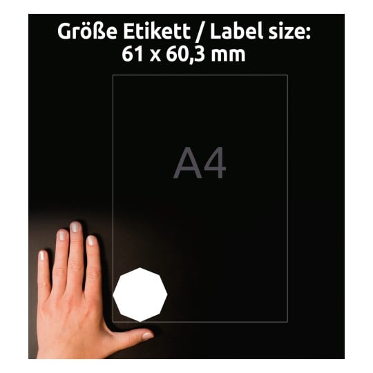 Größenvergleich mit Hand, Artikel: 5083, ein Bogen Achteckige Etiketten, ablösbar, Format: 61 x 60,3 mm, Farbe: Weiß