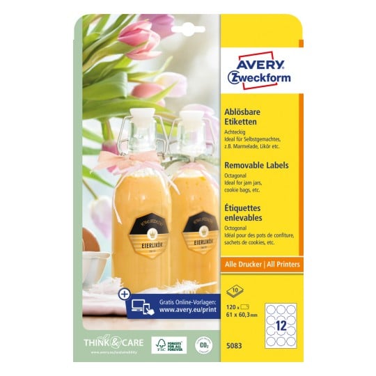 Packungsabbildung: Avery Zweckform Achteckige Etiketten, Artikel:  5083, Format: 61 x 60,3 mm, Druckereignung: Inkjet,Laser s/w,Farblaser, Inhalt: 120 Etiketten / 10 Bögen, 12 Etiketten/Bogen