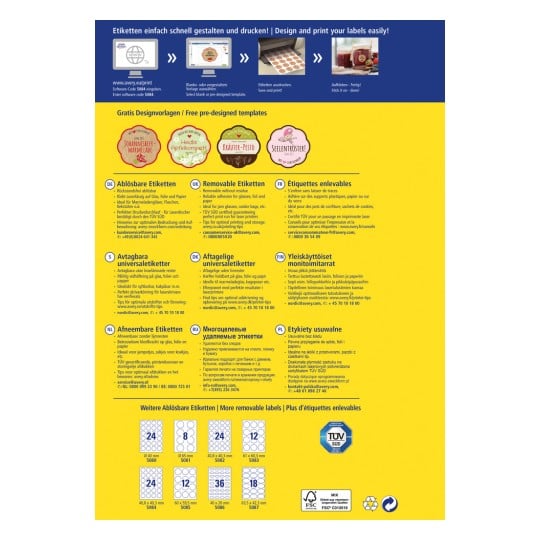 Das Bild zeigt einen Flyer für Avery, der Etikettenprodukte, Designvorlagen und Druckanweisungen in mehreren Sprachen, darunter Deutsch, Französisch, Niederländisch, Russisch und Polnisch, präsentiert.