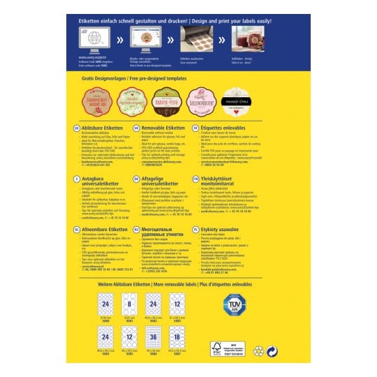 Dieses Bild ist ein Werbeflyer für Avery's abnehmbare Etiketten und zeigt verschiedene Designs und Vorlagen in mehreren Sprachen. Es enthält Anleitungen zur Gestaltung und zum Drucken von Etiketten sowie Details zu den verschiedenen verfügbaren Etikettentypen.