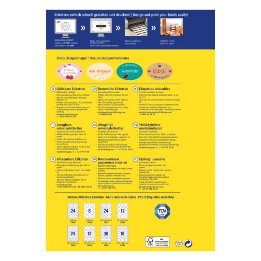 Das Bild ist eine Werbegrafik für Avery-Drucketiketten und enthält Anleitungen zum Entwerfen und Drucken von Etiketten. Es umfasst Abschnitte in mehreren Sprachen mit Beschreibungen verschiedener Arten von Etiketten, deren Verwendung und Kontaktinformationen.