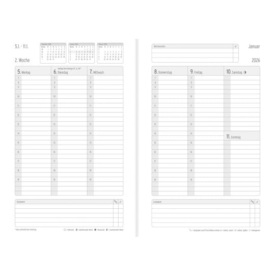 Abbildung Kalendarium, Artikel: 50936, Wochenplan,  White Edition A5, 2026, Weiß, 135 x 210 x 8 mm, Inhalt: 64 Blätter / 1 Stück