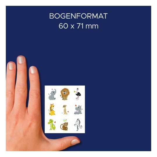 Größenvergleich mit Hand, Artikel: 51027, ein Bogen Sortiment Papier Sticker, Format: 130 x 183 x 5 mm, Farbe: Bunt