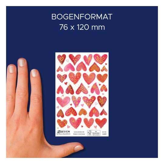 Das Bild zeigt eine Hand, die ein Blatt mit verschiedenen dekorativen Herzaufklebern in unterschiedlichen Rosa- und Rottönen hält. Die Blattgröße ist mit 76 x 120 mm angegeben, und zusätzliche Produktdetails sind unten sichtbar.