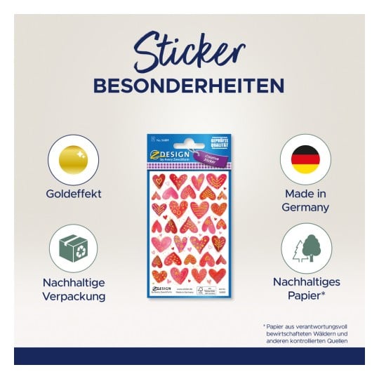 Das Bild zeigt ein Set herzförmiger Aufkleber mit Goldeffekt, die durch ihre nachhaltige Verpackung und das Papier aus verantwortungsvoll bewirtschafteten Wäldern hervorgehoben werden. Das Produkt wird in Deutschland hergestellt.