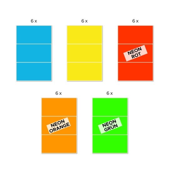 Abbildung Einzelbogen, Artikel: 51046, Farbige Etiketten, Format: 98 x 51 mm, 3 Etiketten/Bogen