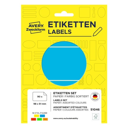Packungsabbildung: Avery Zweckform Non A4 Universal-Etiketten zur Handbeschriftung, Artikel:  51046, Format: 98 x 51 mm, Inhalt: 90 Etiketten / 30 Bögen, 3 Etiketten/Bogen
