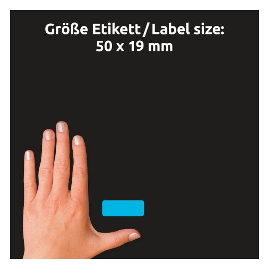 Größenvergleich mit Hand, Artikel: 51047, ein Bogen Farbige Etiketten, Format: 50 x 19 mm, Farbe: Blau, Gelb, neongrün, neonorange, neonrot