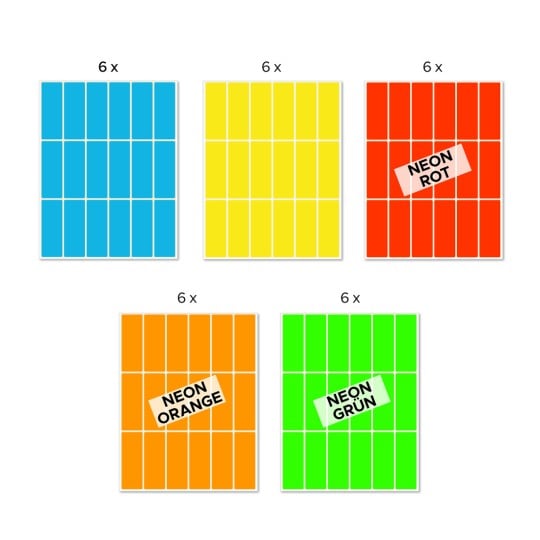 Abbildung Einzelbogen, Artikel: 51047, Farbige Etiketten, Format: 50 x 19 mm, 18 Etiketten/Bogen