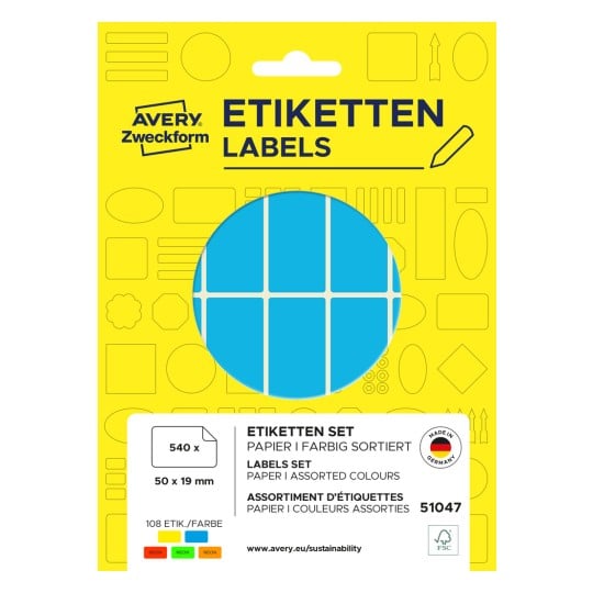 Packungsabbildung: Avery Zweckform Non A4 Universal-Etiketten zur Handbeschriftung, Artikel:  51047, Format: 50 x 19 mm, Inhalt: 540 Etiketten / 30 Bögen, 18 Etiketten/Bogen