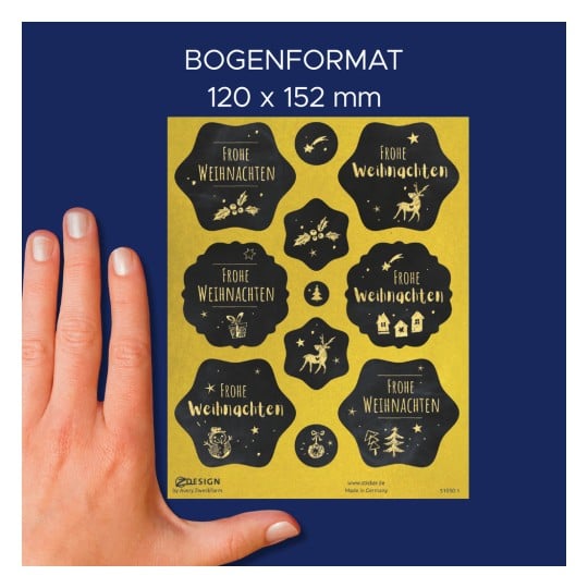 Größenvergleich mit Hand, Artikel: 51050, ein Bogen Sortiment Weihnachtssticker, Format: 130 x 183 x 5 mm, Farbe: Bunt