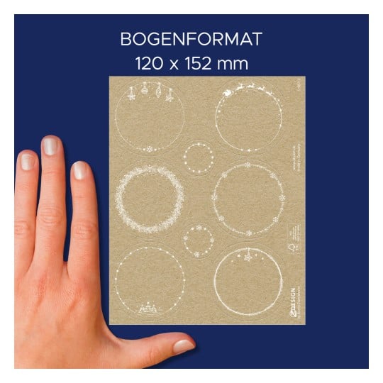 Größenvergleich mit Hand, Artikel: 51051, ein Bogen Sortiment Weihnachtssticker, Format: ⌀ 48 mm, Farbe: Weiß, Braun