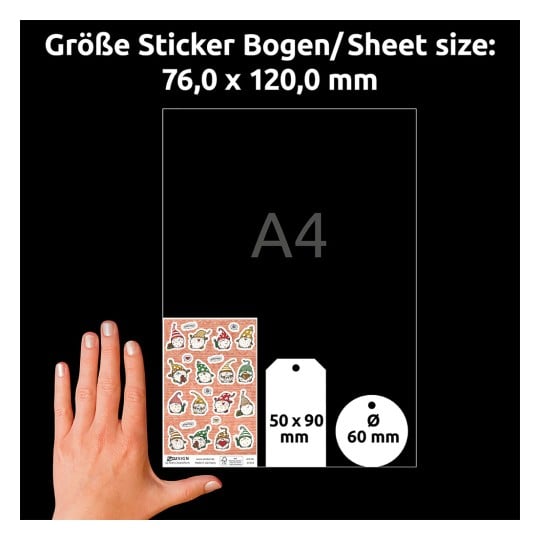 Größenvergleich mit Hand, Artikel: 51054, ein Bogen Set Weihnachten Geschenkbeschriftung, Format: 215 x 300 x 5 mm, Farbe: Weiß, Bunt