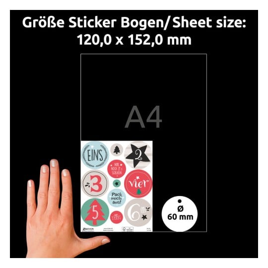 Größenvergleich mit Hand, Artikel: 51055, ein Bogen Set Adventskalender, Format: 215 x 300 x 5 mm, Farbe: Weiß, Bunt