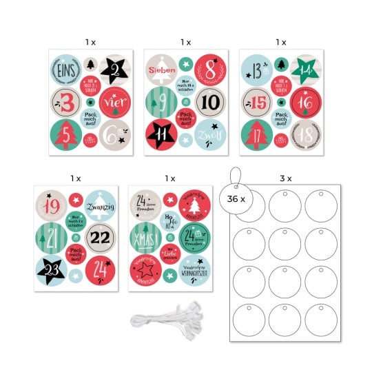 Abbildung Sortimentsübersicht, Artikel: 51055, Set Adventskalender, Format: 215 x 300 x 5 mm,  Sticker, Anhänger und Schnüre/Bogen