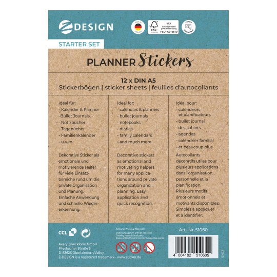 Dieses Bild zeigt die Verpackung eines Startersets mit Planerstickern, einschließlich Anleitungen in Deutsch und Französisch. Es beschreibt die Sticker als ideal für Kalender, Bullet Journals, Notizbücher und mehr und betont ihre dekorativen und motivierenden Eigenschaften.