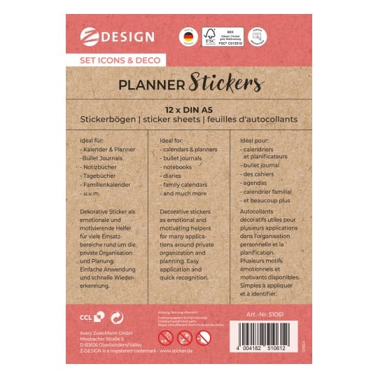 Das Bild zeigt eine Verpackung für Planer-Aufkleber, die einen Text in Deutsch und Französisch enthält, der ihre idealen Einsatzmöglichkeiten für Kalender, Bullet Journals, Notizbücher und mehr auflistet. Es hebt dekorative Aufkleber als Motivationstools für Organisation hervor.