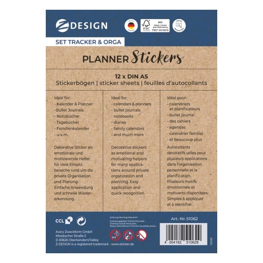 Das Bild zeigt die Verpackung von Planerstickern, die 12 Stickerbögen umfassen und sich für verschiedene Verwendungen wie Kalender, Bullet Journals und Notizbücher eignen. Der Text auf Deutsch und Französisch beschreibt den Zweck des Produkts als dekorative, motivierende Sticker für Planung und Organisation.