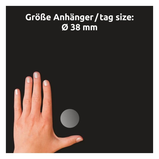 Größenvergleich mit Hand, Artikel: 51067, ein Bogen Verschluss-Etiketten, Format: ⌀ 38 mm, Farbe: Transparent