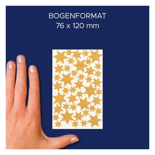 Größenvergleich mit Hand, Artikel: 52225, ein Bogen Weihnachtssticker, Format: 85 x 160 mm, Farbe: Gold