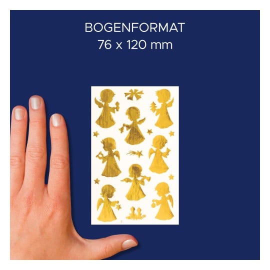Größenvergleich mit Hand, Artikel: 52393, ein Bogen Weihnachtssticker, Format: 85 x 160 mm, Farbe: Gold